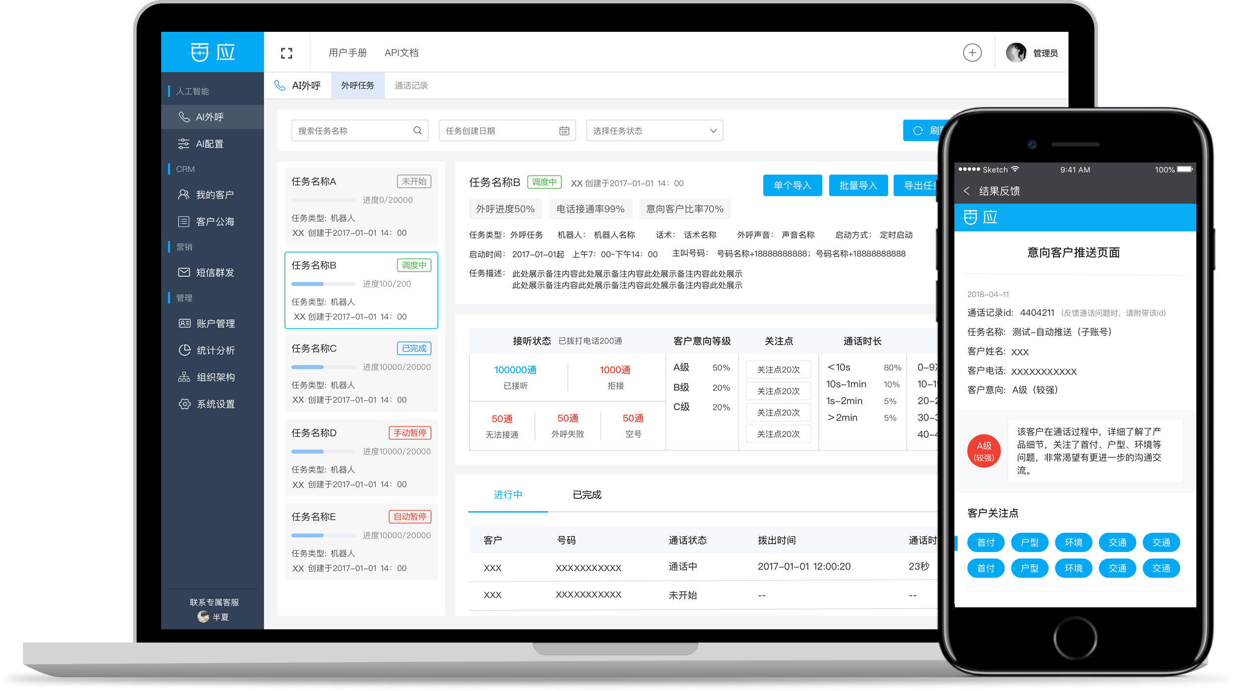 集成全功能CRM，意向客户手机推送